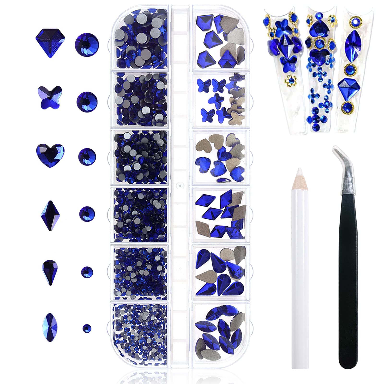 Yatinkim 810pcs Blue Nails Rhinestones for Crafts Nail Art Gems Crystal Charms Flatback Diamond Design Makeup Teeth embellishments Shoes Wax Pencil