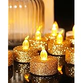 ONEIHOMM Gold Tealights Candles with Timer,Glitter Battery Operated Tea Lights for Valentine Day, Christmas Decorations,Anniversary,Wedding, Built-in 6 Hours,12 Pack