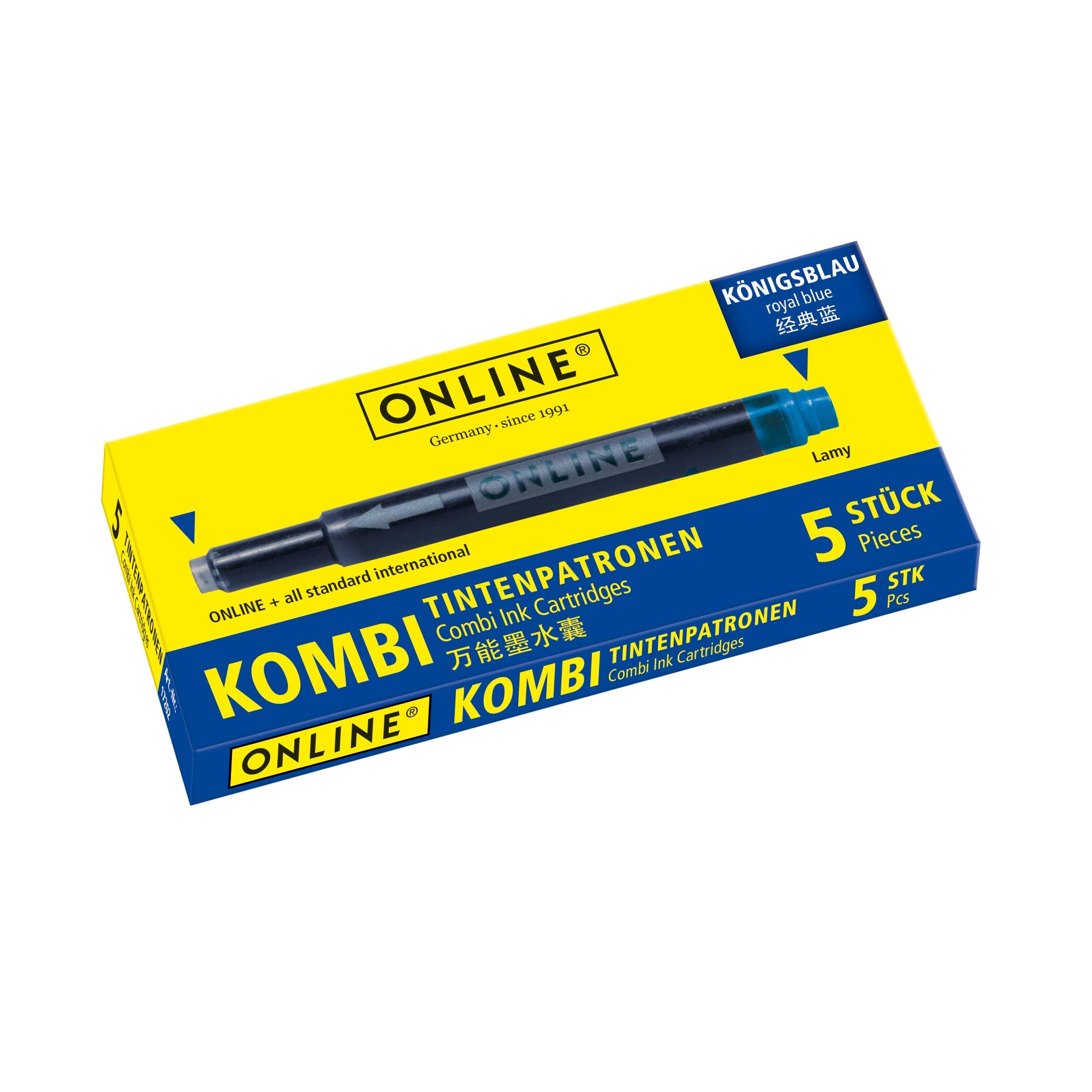 Online double-sided pen ink cartridges, universal pen refills, compatible with all common fountain pens, even Lamy pens - 5 spare cartridges - Erasable, washable, colour royalblue, 17036/12