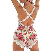 Verdusa Sexy Lingerie For Women Lace Trim Floral Mesh Romper Pajama Chemise Nightgown