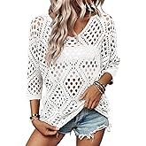SHEWIN Womens Summer Tops Hollow Out Beach Crochet Cover Ups V Neck 3/4 Sleeve Pullover Sweater Shirts