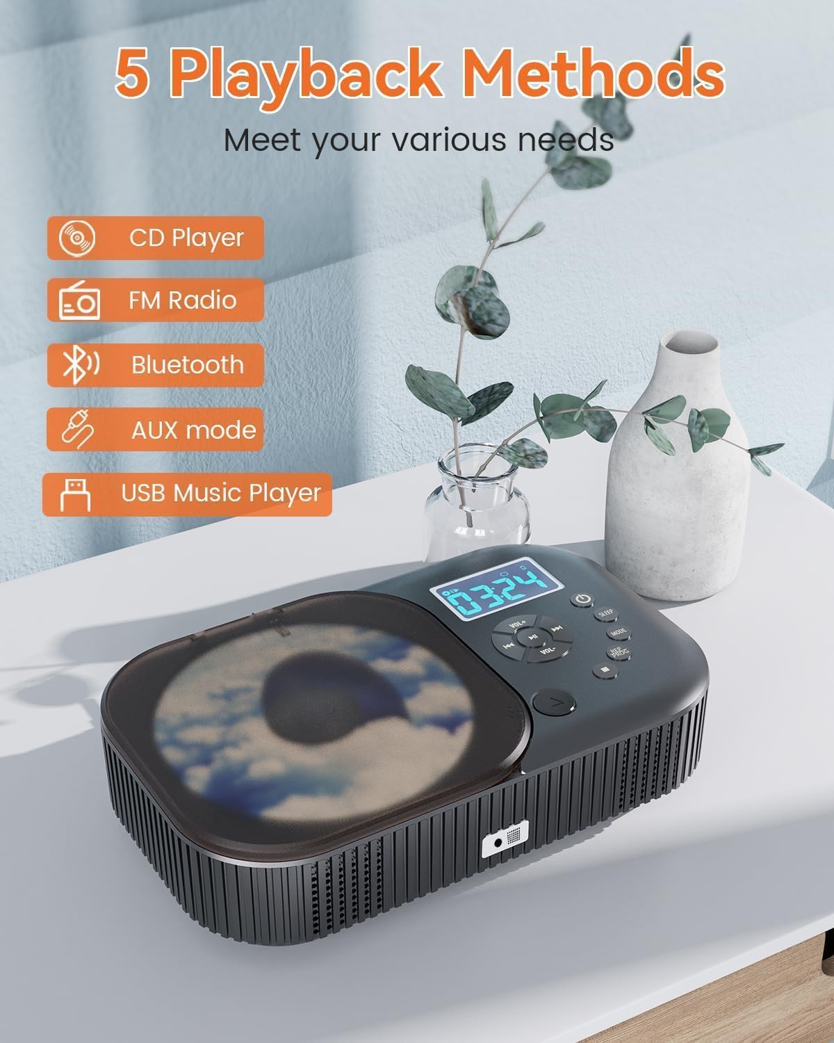 CD Player Portable,MONODEAL Dual Stereo Speakers Portable CD Player with Bluetooth Speakers, 4000mAh Rechargeable Player for Car/Home with Remote Control, Support USB/AUX,Headphone Jack