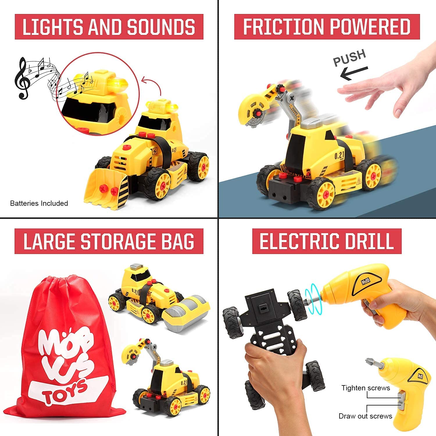 7-in-1 Take Apart Construction Toys 84pcs DIY Engineering Playset with Electric Drill, Play Mat, and Road Signs, Push & Go STEM Learning Bundle w/Lights, Sounds for Early Education, Boys and Girls 4+