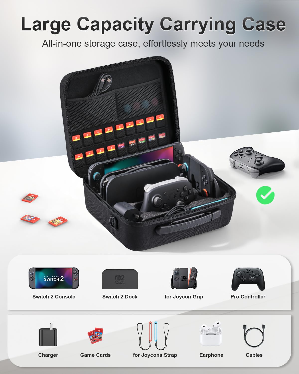 Groß Tasche Kompatibel mit Nintendo Switch 2 (2025), Deluxe Harte Tragetasche mit Taschen für Zubehör und Spielkarten, Portable Switch 2 Schutzhülle Hülle für Konsolle und Andere Zubehör, Schwarz 2