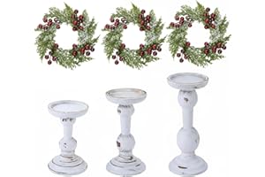 Mumufy 6 Pcs Christmas Candle Holders for Pillar Candles Rustic Wooden Farmhouse Vintage Christmas Table Centerpiece Decoration Tall Xmas Candlestick Wreath Ring for Dinning Fireplace Mantel Decor