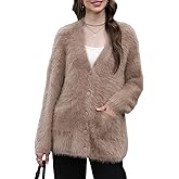 Wyeysyt Women's Fuzzy Cardigan Sweater V Neck Long Sleeve Button Down Knit Furry Sweaters with Pockets