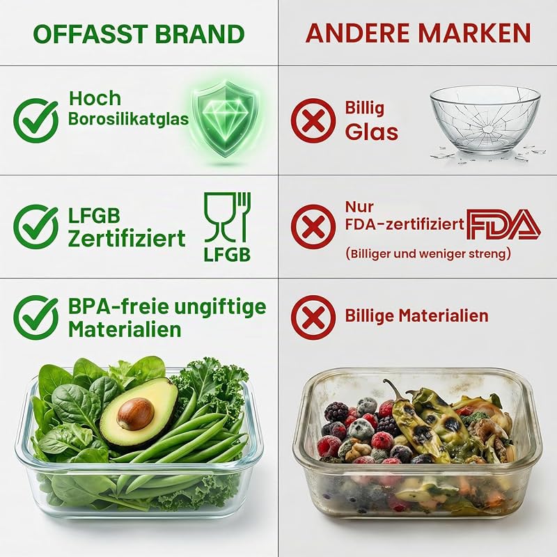 Glasbehälter mit Deckel, 2-teilig Meal Prep Boxen & Frischhaltedosen 2x1040ml aus Borosilikatglas, BPA-frei & luftdicht für Mikrowelle, Gefrierfach & Spülmaschine I Food Storage Container — Foto 4 von 8