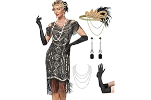 MTITE Great Gatsby Dresses 1920s for Women, Vintage Long Fringe Dress Roaring 20s Sequins Beaded Dress with Accessories Set