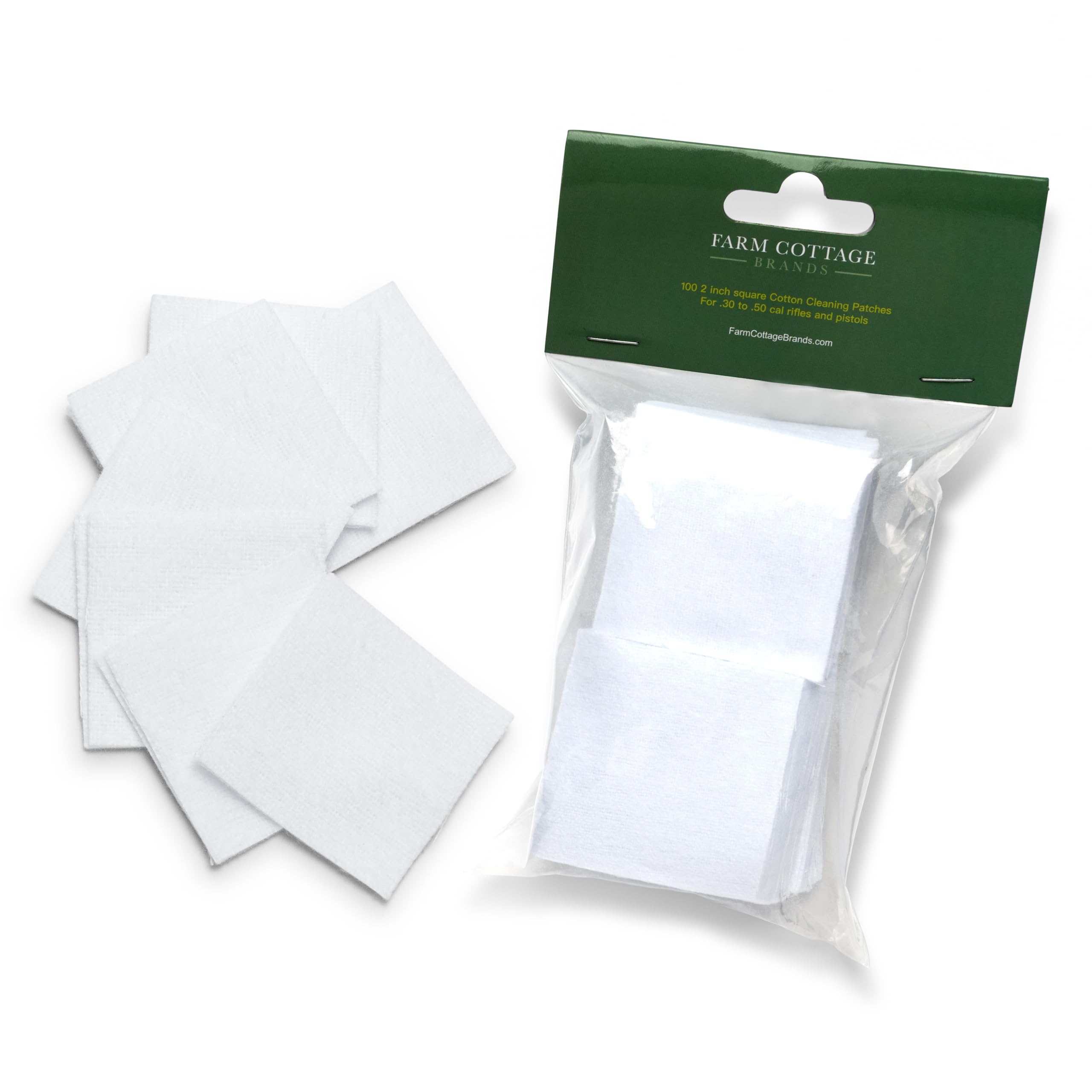 Pack of 100 Farm Cottage Brands 2 inch square Cleaning Patches for .30, .308, to .50 cal guns/rifles. Clean your rifle and use with a jag/pull through & for cleaning & oiling barrels.