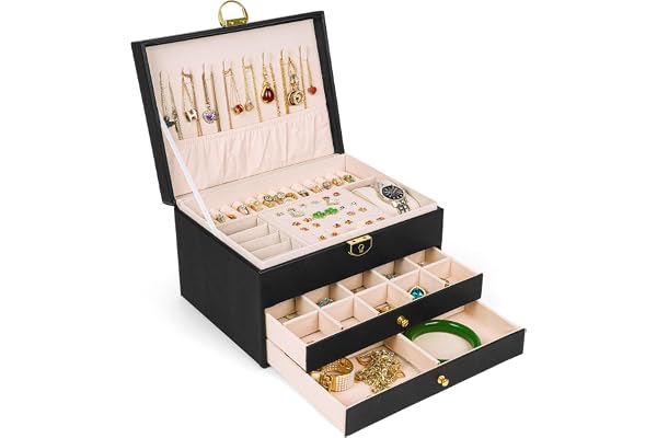 SYCARON Large Jewelry Box Organizer for Women Girls, 3 Layers PU Leather Jewelry Storage Case with Lock for Women and Girls N