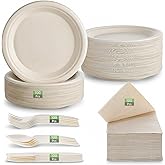500Pcs Compostable Paper Plates Set Party Supplies Severs 100 Guests Disposable Party Plates Heavy-duty Utensil Disposable Party Plate Fork Knives Spoon Napkin Dinnerware for Birthday Wedding Camping