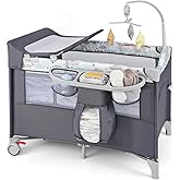 BABY JOY 5-in-1 Pack and Play, Portable Baby Bedside Sleeper with Bassinet, U-Shaped Diaper Changer, Safety Strap, Side Zipper Entrance, Hangings, Bedside Crib Playard from Newborn to Toddlers (Gray)