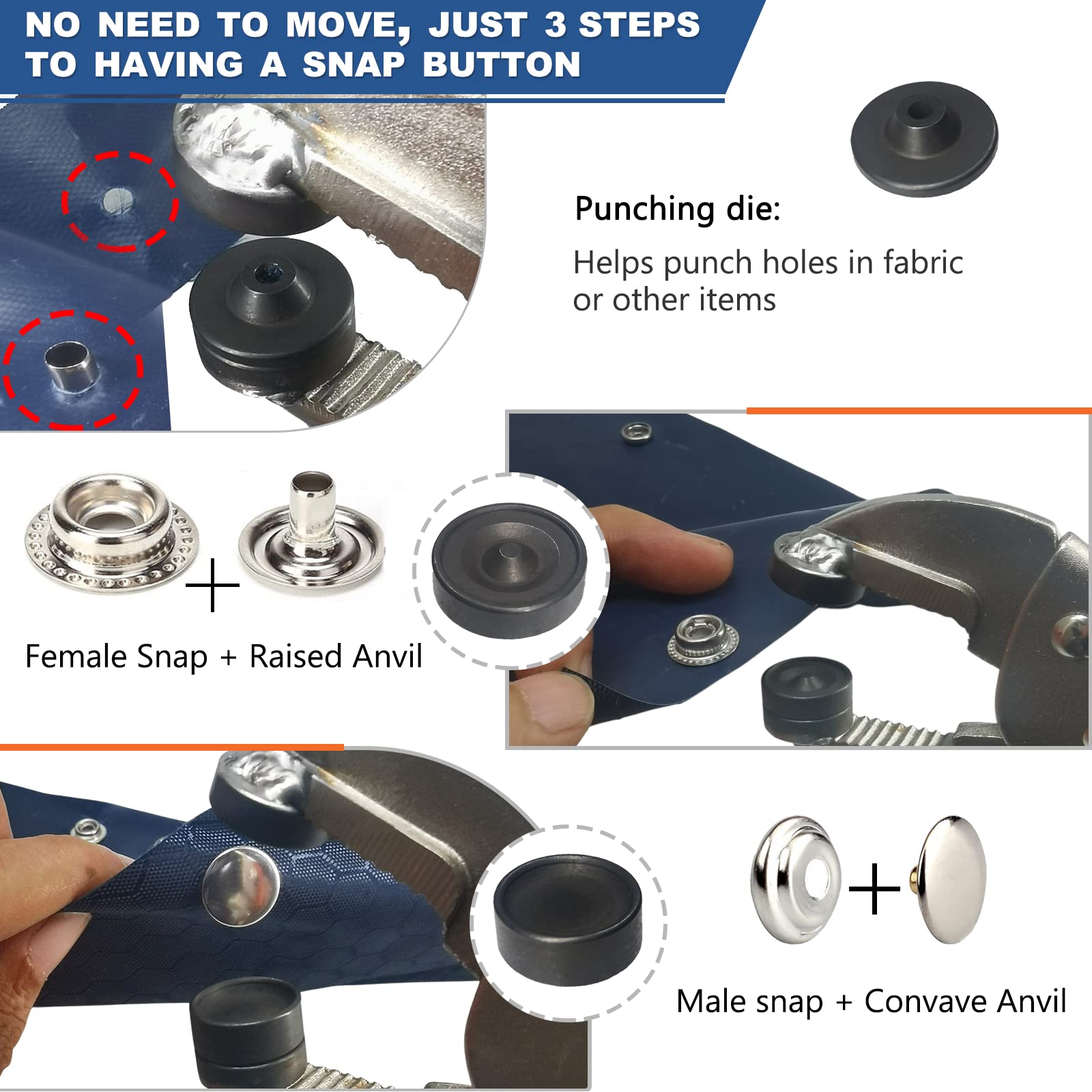 Snap Fasteners Kit, Heavy Duty Fastener Tool and 60-Set 15mm Marine Snaps Stainless Steel for Boat Covers/Tarp/Canvas/Upholstery/Leather Metal Press Studs Replacement, Installation, Repairing