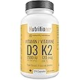 Vitamin D3 K2 Supplement - 2500 IU D3, 120 mcg K2 MK7 x 124 Capsules - Plant-Based, Vegan - Prevents Deficiency, Supports Bon