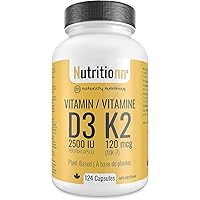 Vitamin D3 K2 Supplement - 2500 IU D3, 120 mcg K2 MK7 x 124 Capsules - Plant-Based, Vegan - Prevents Deficiency, Supports Bon