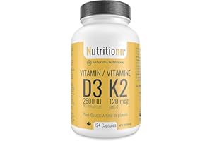Vitamin D3 K2 Supplement - 2500 IU D3, 120 mcg K2 MK7 x 124 Capsules - Plant-Based, Vegan - Prevents Deficiency, Supports Bon