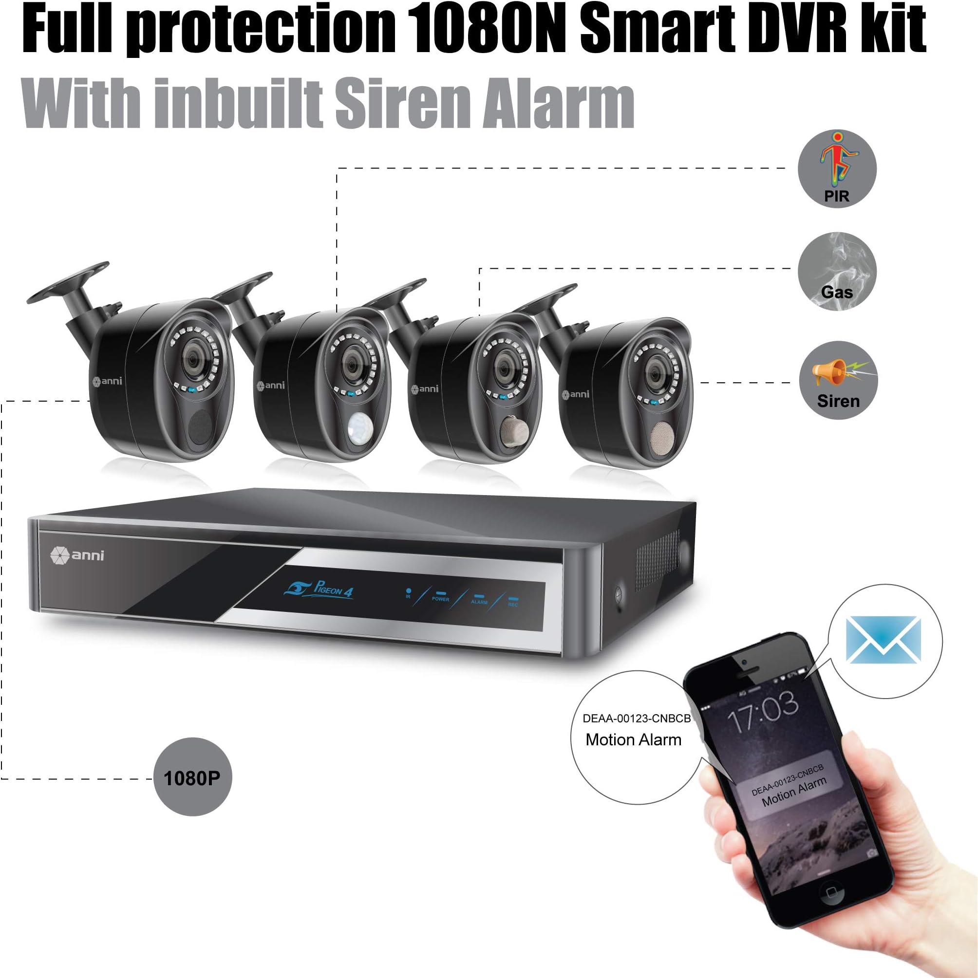 ANNI Integrated Full Protection Wired Surveillance Kit, 8-Channel 1080N Digital Video Recorder with 4 x 1080p Cameras: 1 x PIR Sensor Camera, 1 x Gas Detector Camera, 1 x Siren Alarm Camera