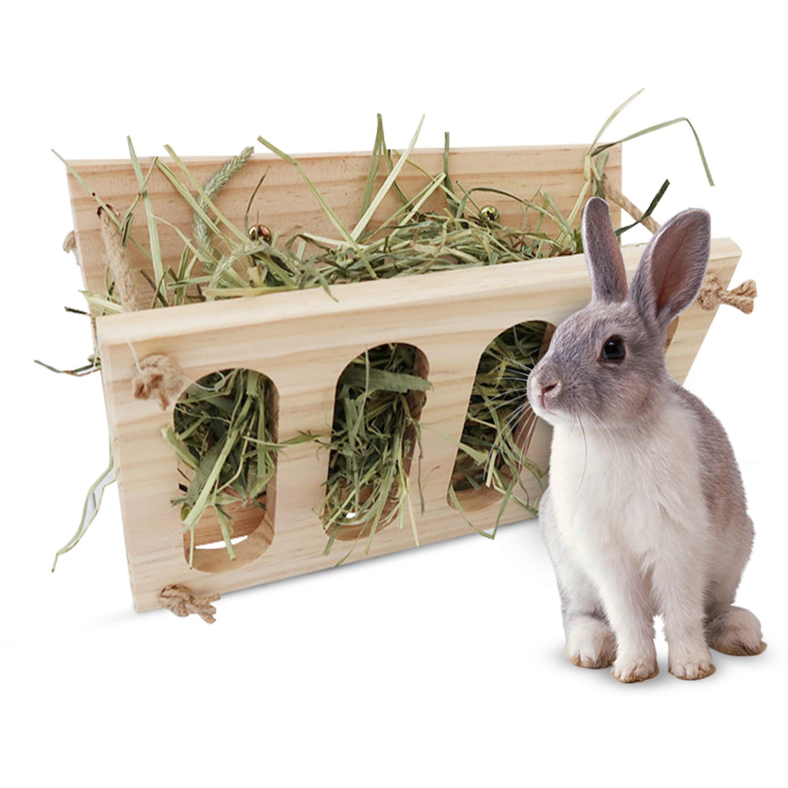 Rabbit Hay Rack Wooden Hay Manger Foldable Bunny Hay Feeder Grass Feeding Shelf Fixed Hay Rack Hay Dispenser for Guinea Pigs Pet Grass Holder Cage Accessories for Hamster Chinchilla Small Animals