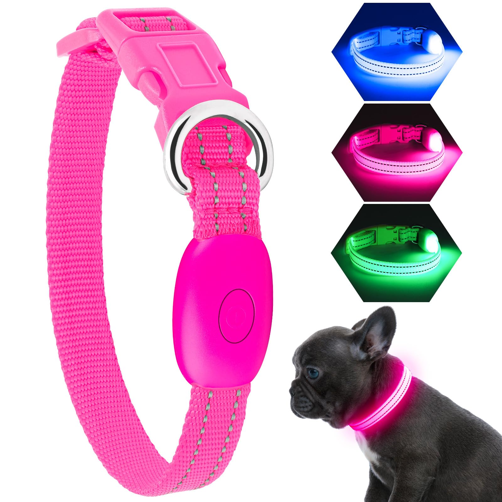 KOSKILL Light Up Dog Collar, Rechargeable USB Collar, Waterproof, Luminous LED Collar, Adjustable, Super Bright, Night Walking for Small Medium Large Dogs, Pink, S