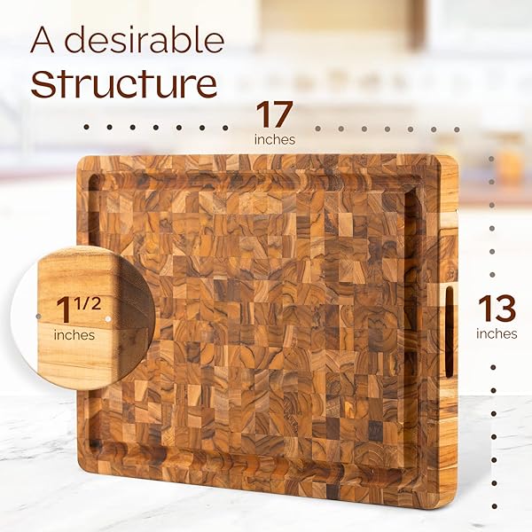 YES4ALL MEDIUM END GRAIN TEAK CUTTING BOARD FOR KITCHEN, 17”L X 13”W X 1.5” THICK, DURABLE WOOD WITH JUICE GROOVES, PRE-OILED, EASY GRIP HANDLES, ESSENTIAL KITCHEN UTENSILS SET