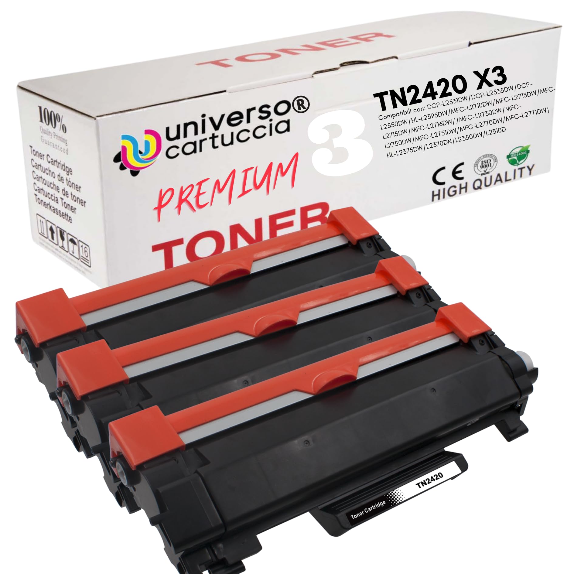 UniversoCartridge® KIT 3 Toner Compatible TN2420 with 3,000 cooie CHIP for Brother HL-L2310D; HL-L2350DW ;MFC-L2710DW; MFC-L2710DN; DCP-L2530DW; HL-L2370DN ;MFC-L2730DW; MFC-L2750DW
