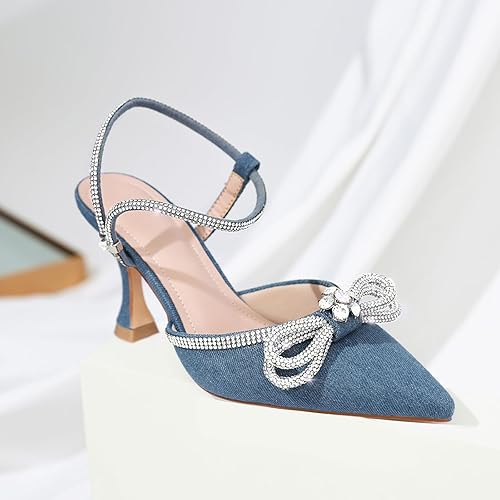 Susanny Women's Low Heel Bridal Bow Heels Pumps Denim Rhinestone