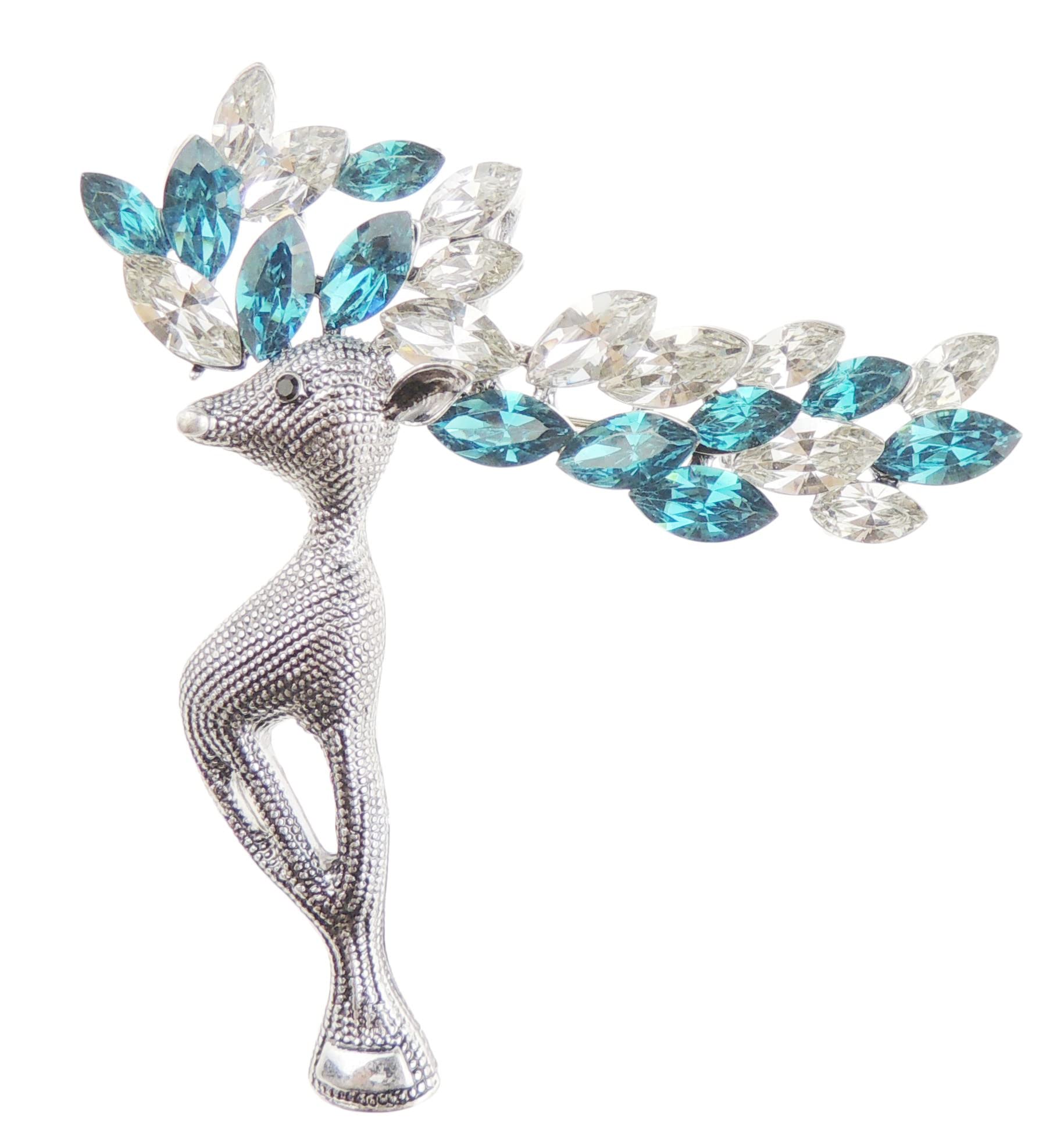 Ladies Silver Gold Tone Crystal Diamante Large Antlers Christmas Reindeer Stag Brooch Boxed (Dark Silver Tone Turquoise Clear)