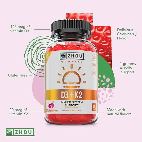 ZHOU D3+K2 – VITAMIN D3 K2 SUPPLEMENT FOR WOMEN & MEN, IMMUNE SUPPORT VIT D3 AND K2 GUMMY, GELATIN FREE FORMULA WITH 5000 IU OF D3 AND MK-7 – 60 VEGGIE GUMMIES (PACK OF 1)