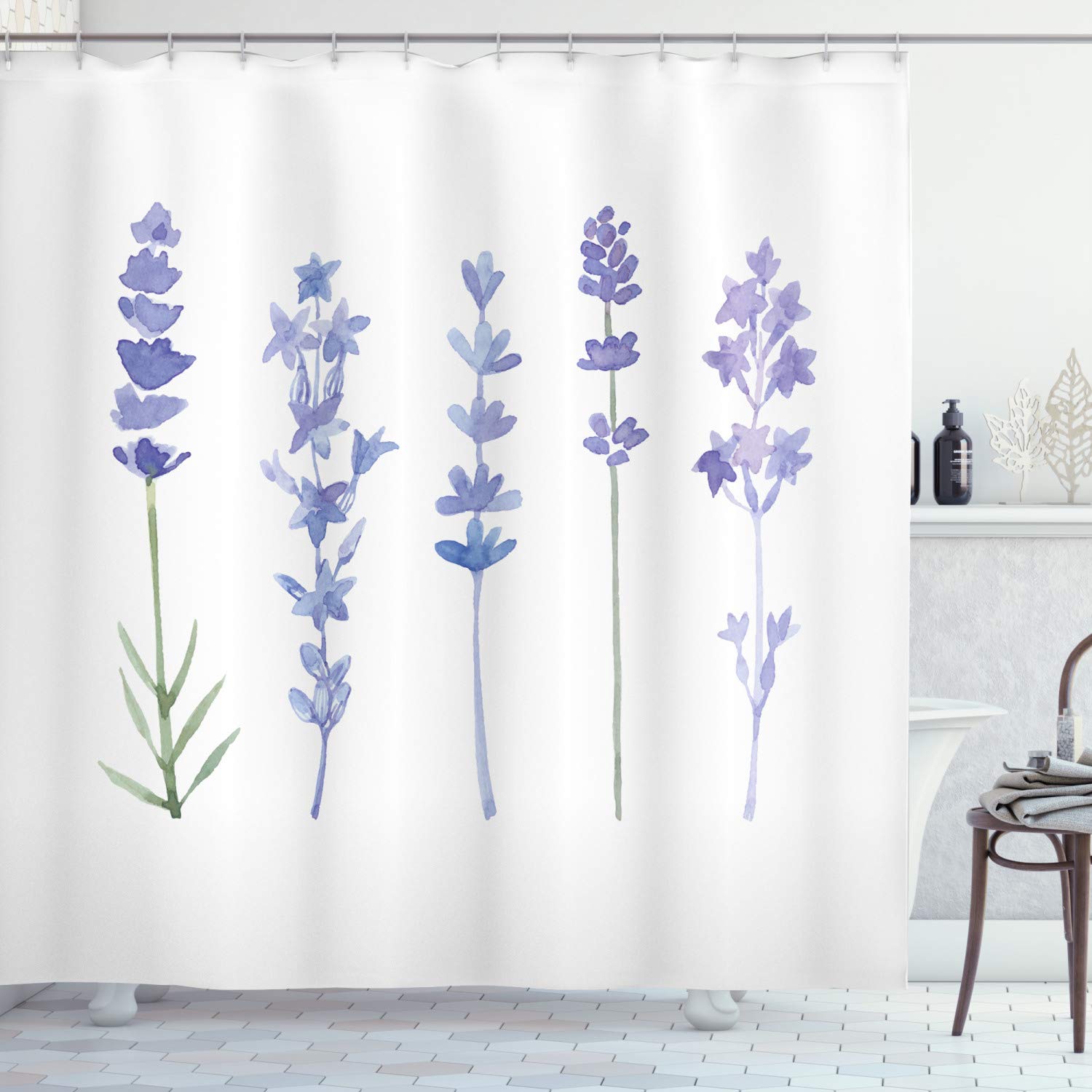 ABAKUHAUS Lavender Shower Curtain, Watercolor Florist Art Style Herbs Fresh Rural Field Gardening Theme, Cloth Fabric Bathroom Decor Set with Hooks, 78 Inches, Lavender Lilac and Green — image 1