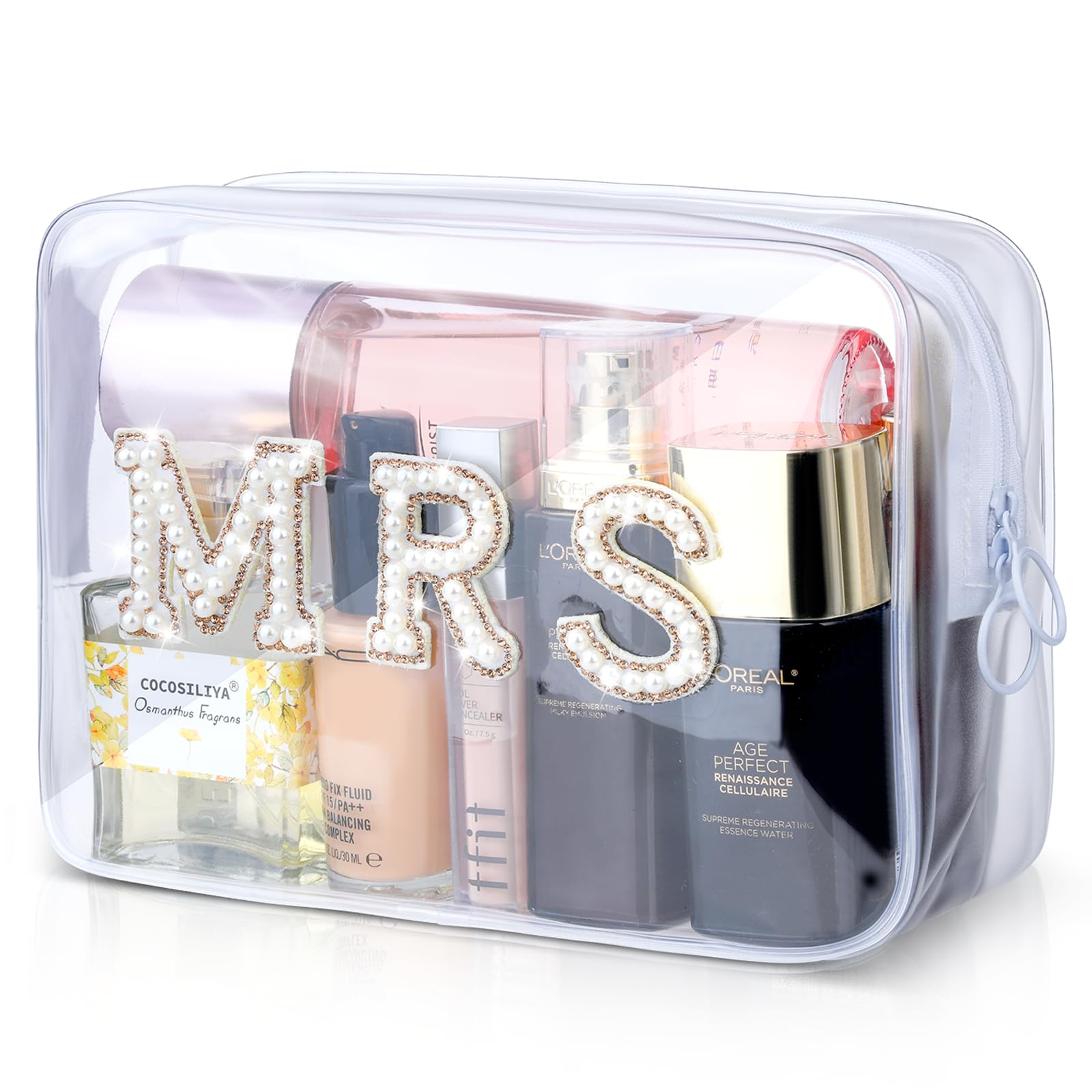 MRS Clear Makeup Bag, Etercycle Bridal Shower Gifts Engagement Cosmetic Bag, Bling Pearl Rhinestone Letter Patches PVC Travel Organizer for Engagement Bachelorette Party Women Wedding Bridal (Gold)