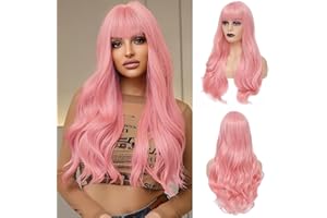 AISI QUEENS Pink Wigs for Women Long Wavy Pink Wig with Bangs Halloween Pink Cosplay Wig Daily Party Use Heat Resisitant Synthetic(26inch,Pink)