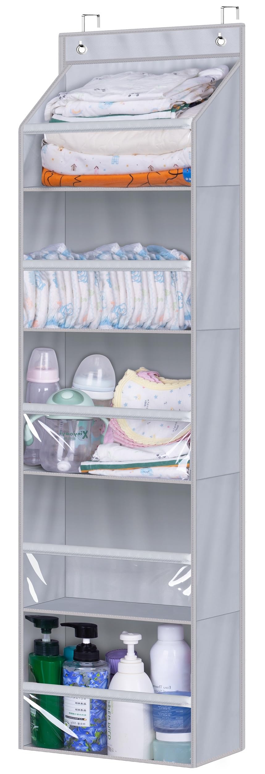 Photo 1 of AOODA Over the Door Organizer, Large Capacity Closet Door Hanging Organizer, Clear Deep Pockets Baby Storage for Nursery, Bathroom, Bedroom, Pantry, Diapers (Grey)