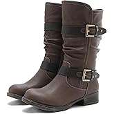 GLOBALWIN Women’s Mid Calf Boots Fashion Moto Boots For Women With Buckle Straps, Side Zipper, And Low Block Heel – Biker Boots For Fall Spring Winter