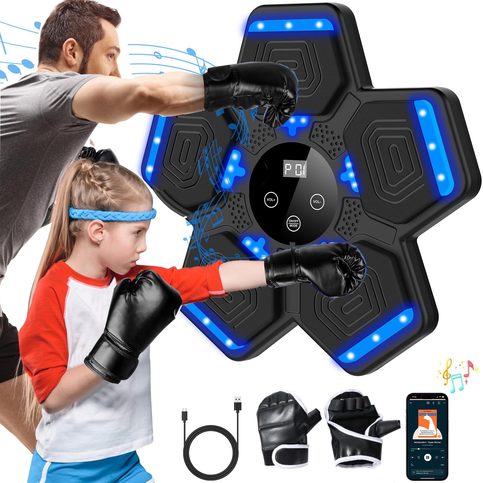 Photo 1 of **MINOR DAMAGE - USED**
Music Boxing Machine with Boxing Gloves, Smart Musical Boxing Machine with LED Light, Bluetooth Boxing Equipment for Kids/Adults,Wall Mounted Boxing Machine with Speed Setting (Five Targets-A)