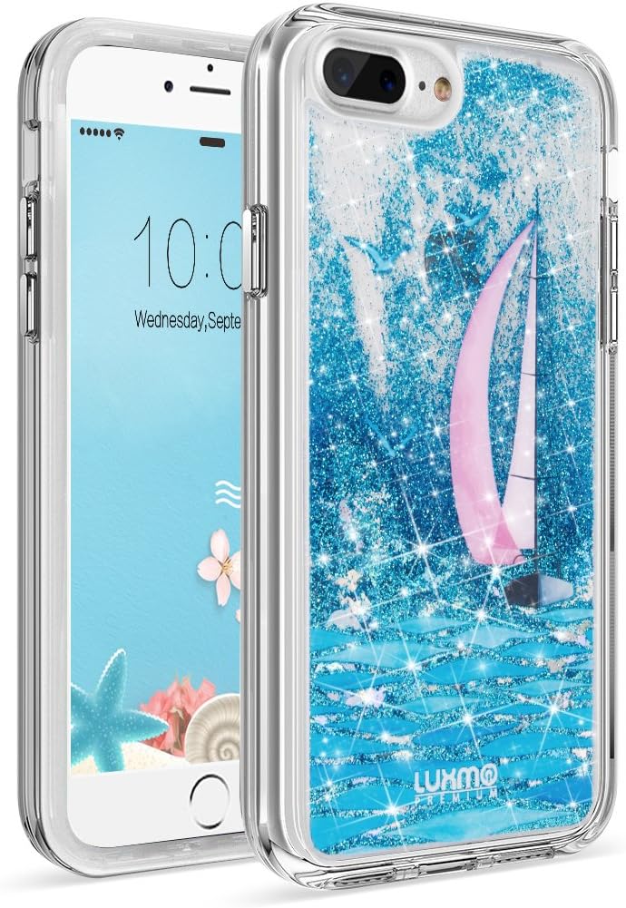 LUXMO PREMIUM Waterfall Case for iPhone 7 Plus/ 8 Plus,Quicksand Sparkling Durable Anti-Scratch Shockproof Protection Bumper Cover Case 5.5 inch for iPhone 8/7/6S/6 Plus- Sailing Boat