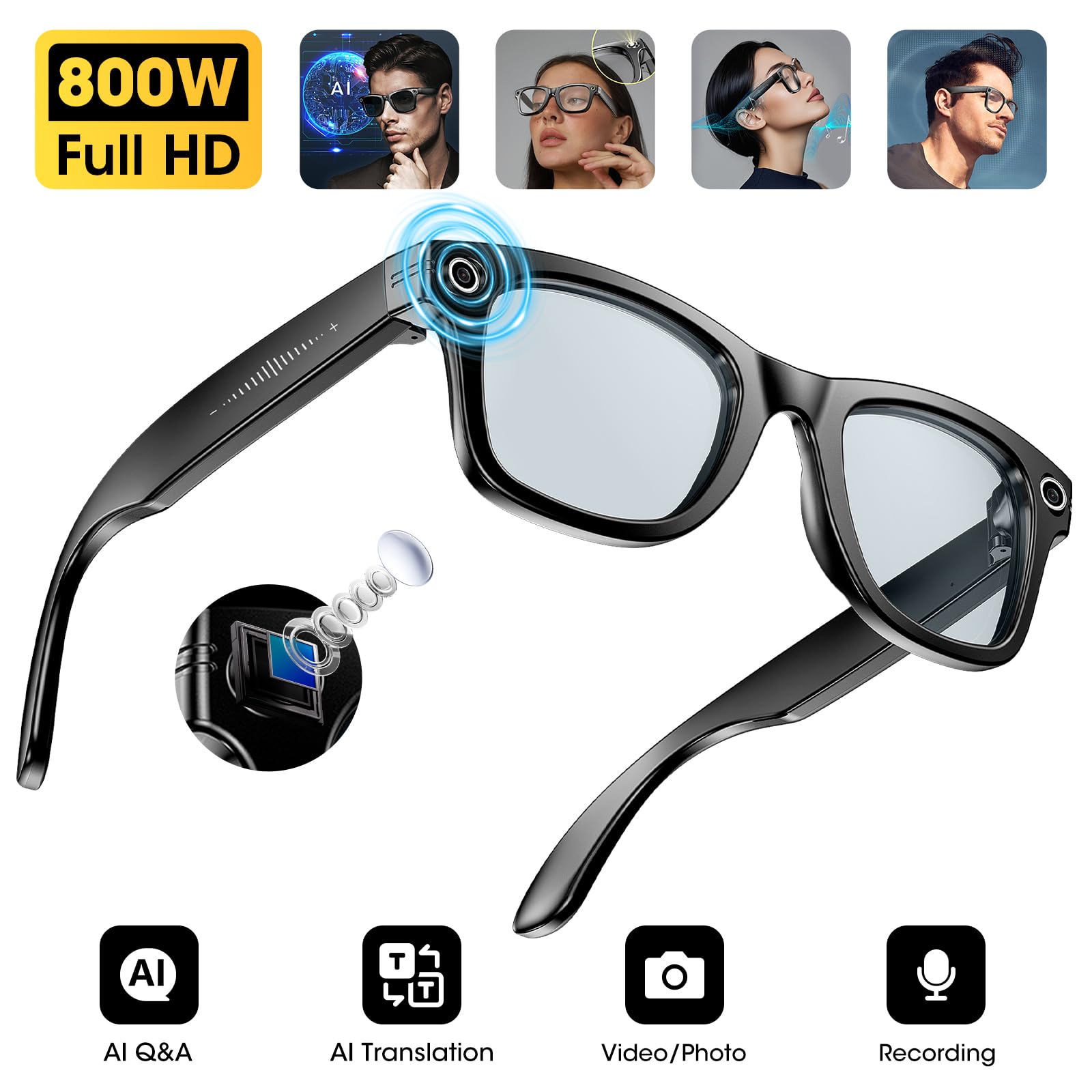 Photo 1 of AI Smart Glasses 4K HD Camera, BT Call, 800W Anti-Shake Camera Glasses with Video Recording Dual Mic, Simultaneous Interpretation/GPT Identify Objects, 270mAh Blue Light Glasses