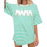 KIDDAD Mama Shirts for Women: Oversized Mom Shirts Striped Mama Letter Printed T-Shirt Casual Graphic Tee Tops