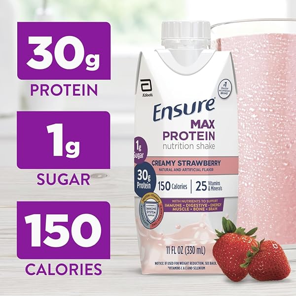ENSURE MAX PROTEIN SHAKE | CREAMY STRAWBERRY | READY TO DRINK | 30G PROTEIN FOR MUSCLE HEALTH | 1G SUGAR, 4G FIBER | 11 FL OZ BOTTLE, 12 PACK