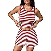 MakeMeChic Women's Two Piece Striped Outfits Crew Neck Crop Tank Tops and Shorts Set