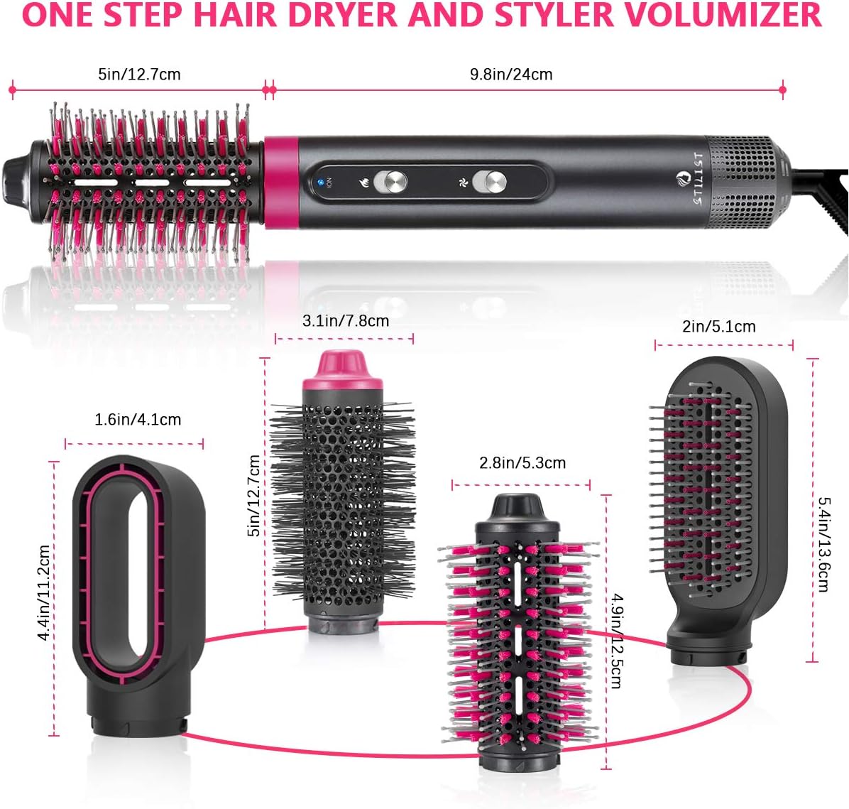 STILIST One-Step Hair Dryer and Volumizer Hot Air Brush, 4 in 1 Hair Dryer Brush, Negative Ionic Electric Hair Brush, Curler Combo with Interchangeable Brush Head, Blow Dryer Brush for All Hair Types: Sports & Outdoors