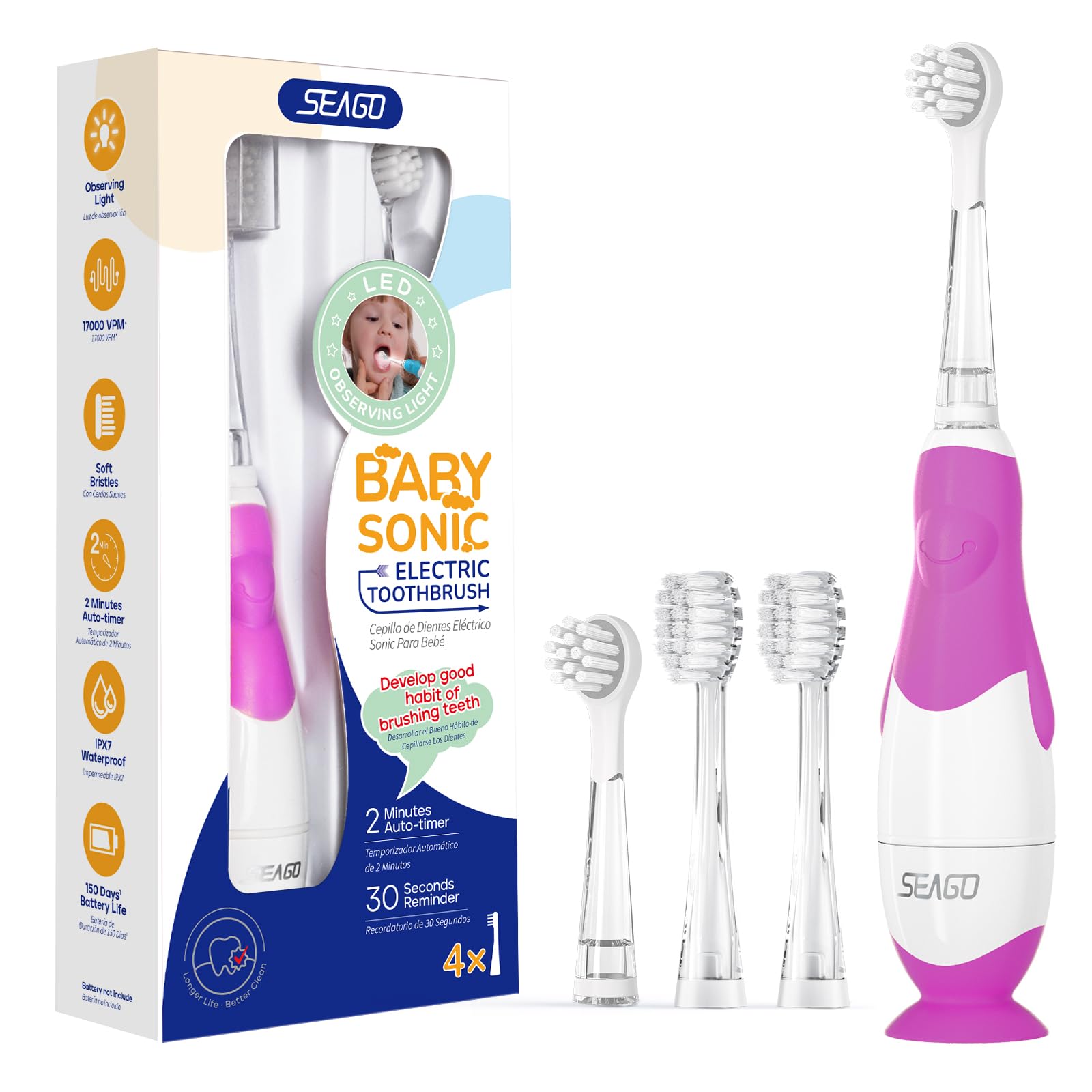 Photo 1 of SEAGO Toddler Electric Toothbrushes for Baby Ages 0-3 Years, Baby Toothbrush with Smart Timer and Suction Base, 4 Replacement Brush Heads SG-513(Purple-C)
