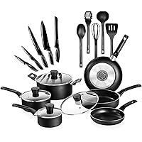 SereneLife Kitchenware Pots & Pans Basic Kitchen Cookware, Black Non-Stick Coating Inside, Heat Resistant Lacquer (20…