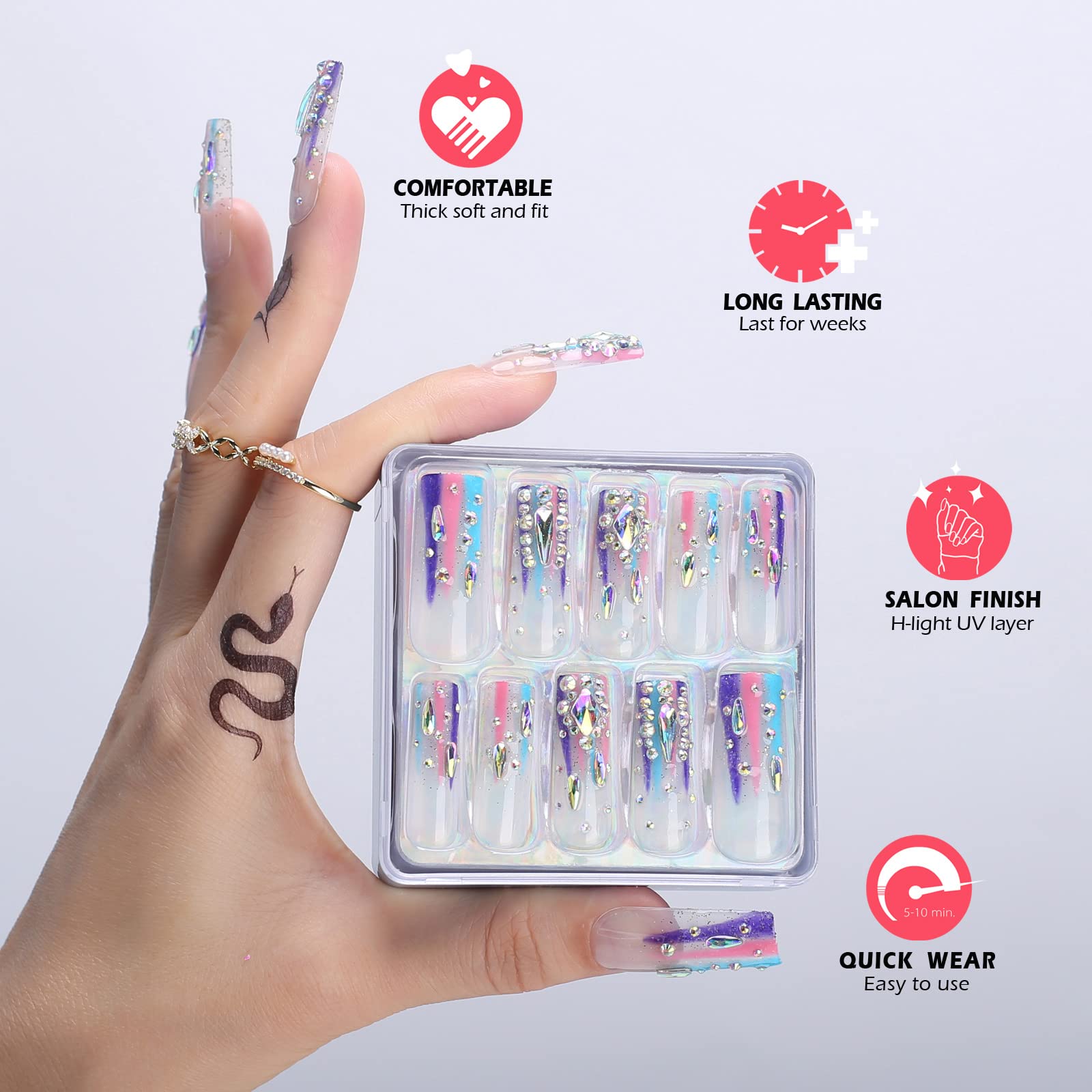 MqpQ Long Square Press On Nails With Rhinestones Luxury Rainbow Extra Fake Nails 24pcs Glossy Full Cover False Nails For Women And Girls - Image 3