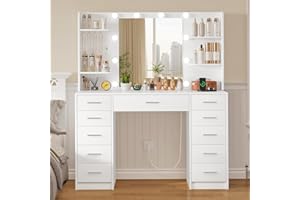 TEENFON Makeup Vanity with 11 Drawers, Vanity Desk with Mirror and Lights, 6 Shelves, 5 Jewel Hooks, Vanity Table with Power 