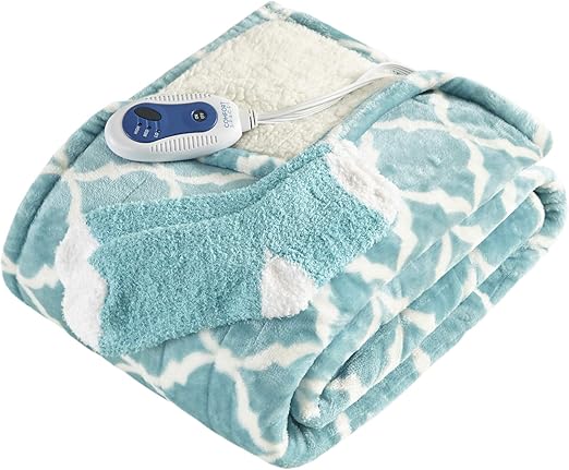 Comfort Spaces Plush to Sherpa Electric Blanket Shoulder and Neck Wrap with Matched Sock Set Ultra Soft and Warm Hypoallergenic Fleece-Reversible Heated Poncho Throw, 50&amp;quot; W x 64&amp;quot; L, Ogee Aqua