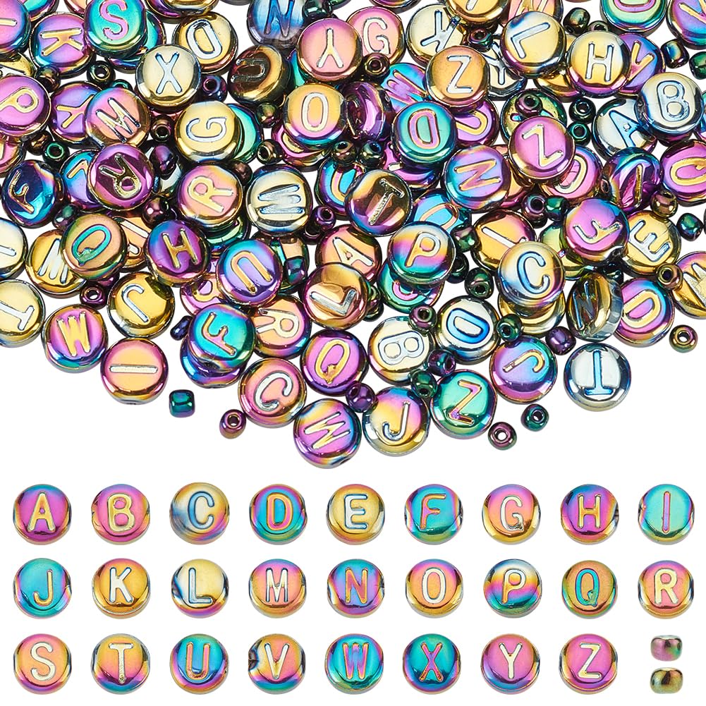 PH PandaHall 244pcs Glass Letter Beads, 10mm Flat Round Alphabet Beads Rondelles Multicolor Plated Small Spacer Bead Bracelet Letter Bead for DIY Crafts Key Chains Necklace Jewellery Making