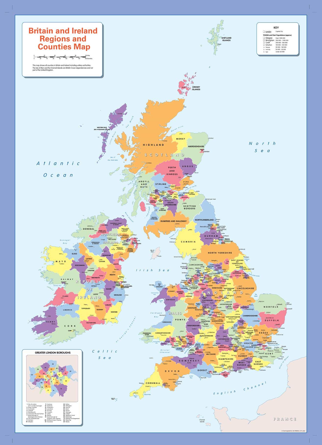 Colour blind friendly Counties Wall Map of the British Isles - 25.25" x 36" Laminated