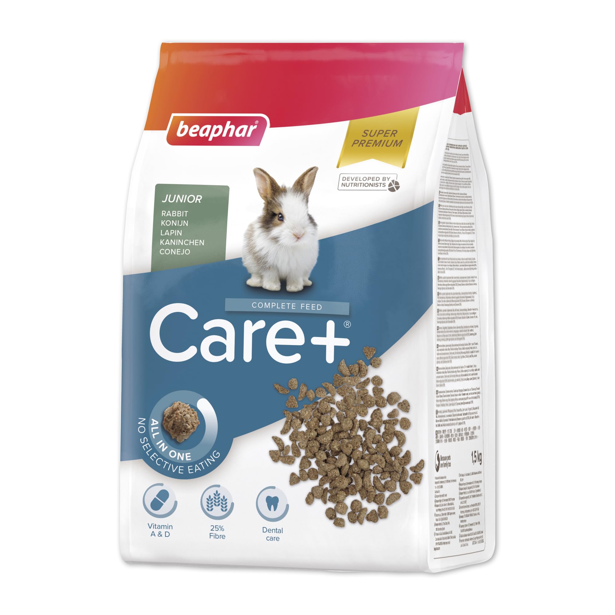Beaphar - Care+® Rabbit Junior Food 1.5kg - All-in-one super-premium rabbit food - Prevents selective feeding - Supports growth & development - Developed by nutritionists - Age 3 weeks to 10 months