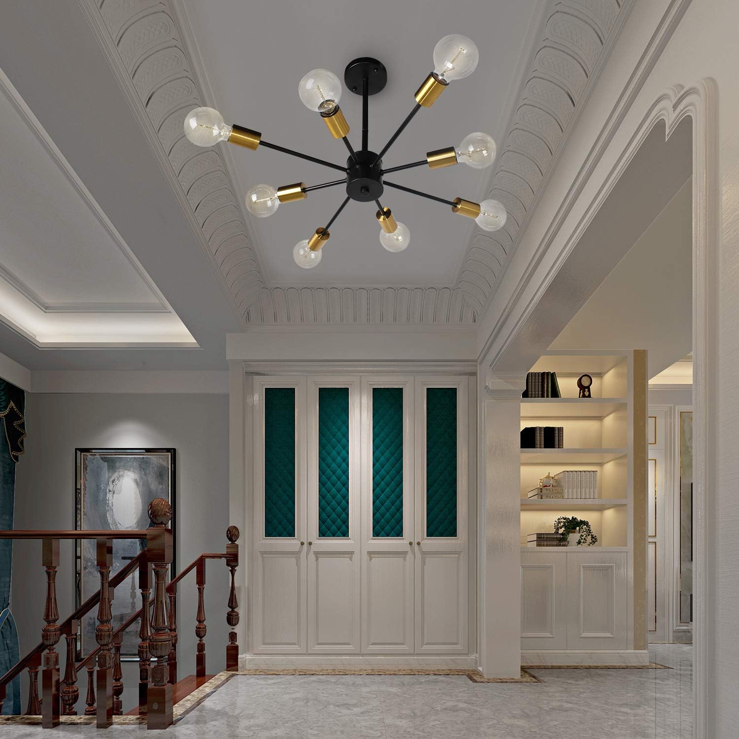 JHLBYL Sputnik Chandeliers 8 Lights Modern Pendant Lighting Black Vintage Semi Flush Ceiling Light Fixture for Kitchen Dining Room Living Room, Golden Lamp Holder: Home Improvement