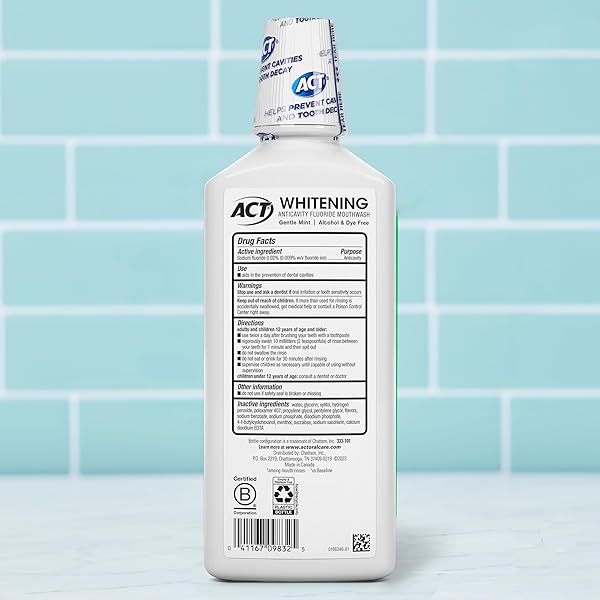 ACT WHITENING + ANTICAVITY FLUORIDE MOUTHWASH 16.9 FL. OZ. WITH ZERO ALCOHOL, DYE FREE, GENTLE MINT